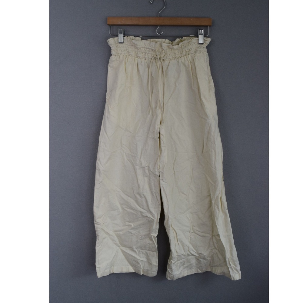 Anthropologie Pants XXS Cream Cotton Linen Smocked Wide Leg Women Flare Summer